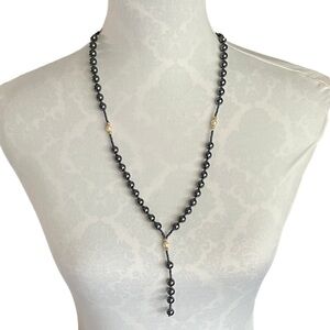 Elegant Hematite Beaded Y Lariat Necklace with Gold & Faux Pearl Accents